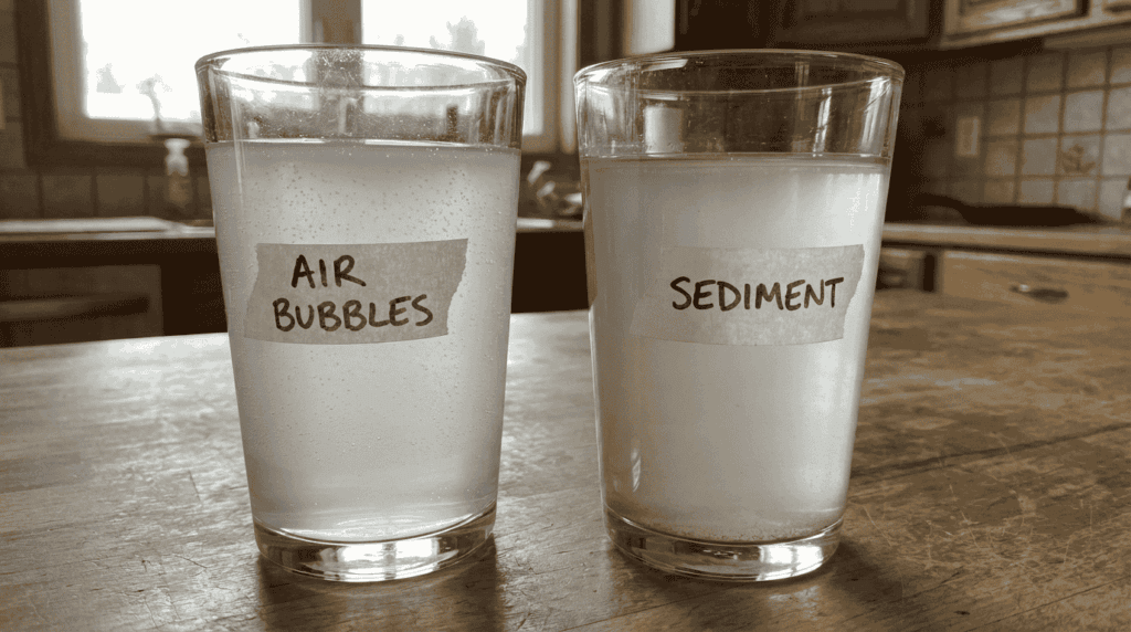 Two glasses showing cloudy well water caused by air bubbles versus sediment