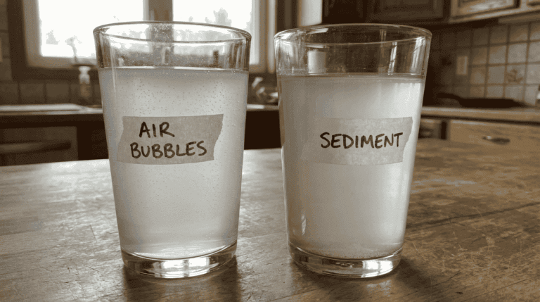 Two glasses showing cloudy well water caused by air bubbles versus sediment