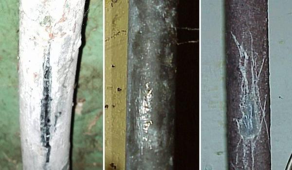 Examples of three different lead pipe service lines in homes.