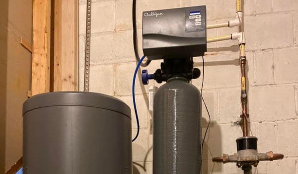 A close up look at a fully installed Culligan water softener.