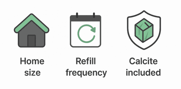Icons representing home size, refill frequency, and included calcite media—key considerations for selecting a pH neutralizer system.