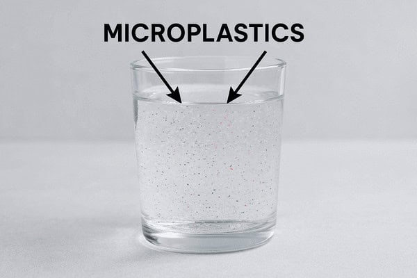 Glass of water with visible microplastics labeled by arrows.