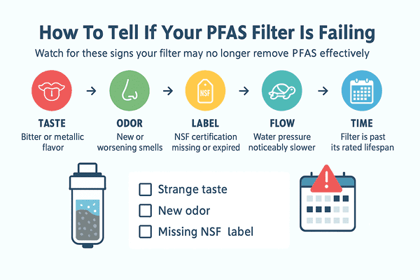 Infographic showing five warning signs a PFAS water filter may be failing — includes icons for off taste, slow flow, expired certification, old age, and failed water test.