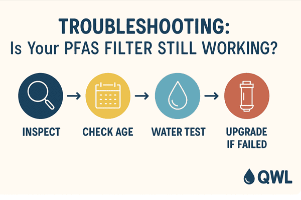 Horizontal infographic titled ‘Troubleshooting Your Filter’ with four color-coded icons in sequence: Inspect, Check Age, Water Test, and Upgrade. Arrows guide the user through the decision path for diagnosing filter performance.