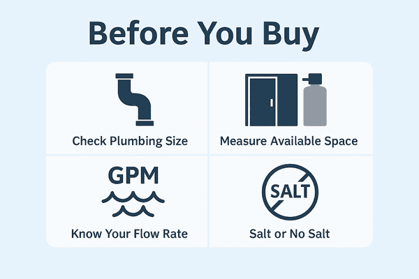 This photo shows the steps you should take before buying a softening system.