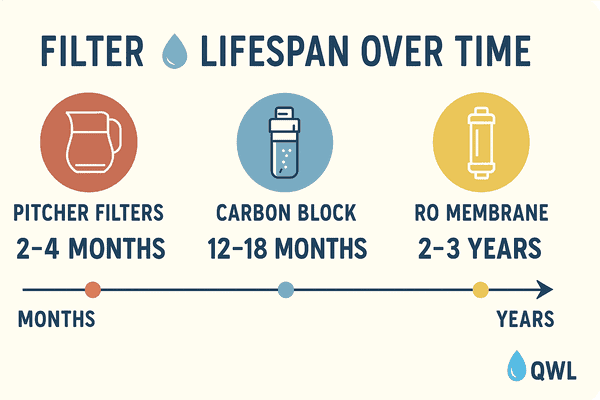 Infographic showing filter lifespan over time. Includes three filter types: pitcher filters (2–4 months), carbon block filters (12–18 months), and reverse osmosis membranes (2–3 years). Each is represented by a colored icon and aligned along a horizontal timeline from months to years. QWL watermark appears in the bottom-right corner.