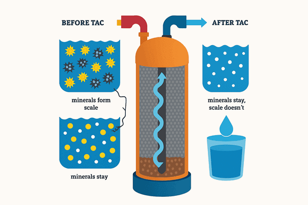 Visual of TAC treatment altering mineral structure to prevent scale buildup