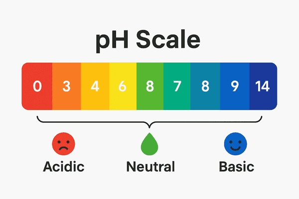 Visual pH scale showing acidity and the ideal range for calcite neutralizer systems (6.0–6.5 pH)