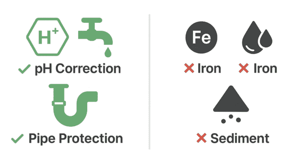 Comparison chart depicting what a pH neutralizer addresses (acidic water, metallic taste) and what it doesn’t (iron, sulfur, sediment).