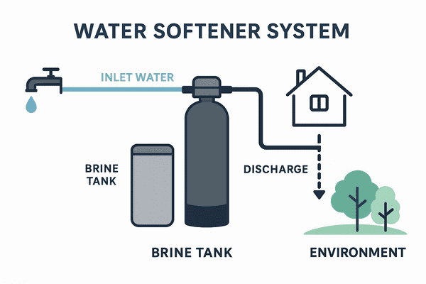 Diagram showing how a salt-based water softener works, with arrows tracing hard water entry, soft water output, and discharge flowing into the environment.