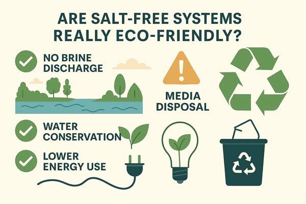 Infographic showing eco-friendly benefits and trade-offs of salt-free water conditioners