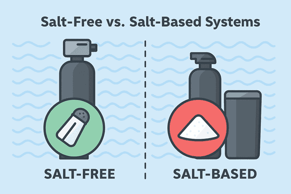This image is a comparison between salt-free and salt-based softening systems.