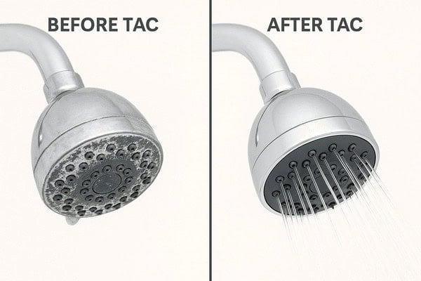 Comparison of showerhead with scale buildup before TAC treatment and clean showerhead after TAC treatment