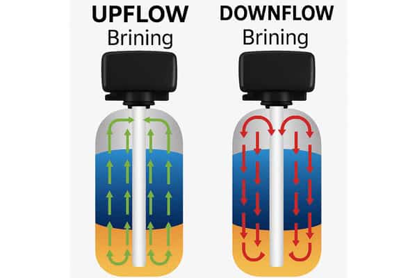 Illustration comparing upflow and downflow water softeners during brining, with green arrows indicating upward flow and red arrows showing downward flow.