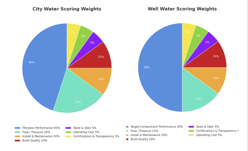 Pie charts comparing whole house water filter scoring weights for city water vs well water, showing performance, flow, build quality, and other factors.