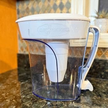 ZeroWater 10-Cup water filter pitcher with 5-stage ion exchange filter on kitchen counter