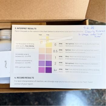 Chlorine test strip results for Clearly Filtered 3-Stage under-sink water filter showing 0 ppm free chlorine