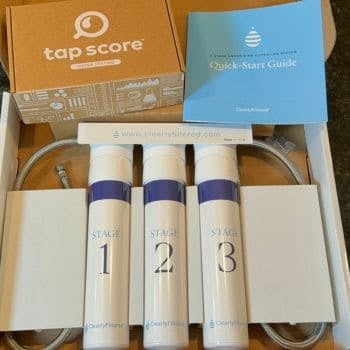Unboxing the Clearly Filtered 3-Stage under-sink water filter with Tap Score kit and quick-start guide