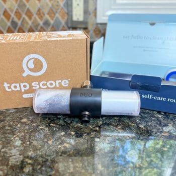 Weddell Duo shower filter with Tap Score water test kit before independent lab testing