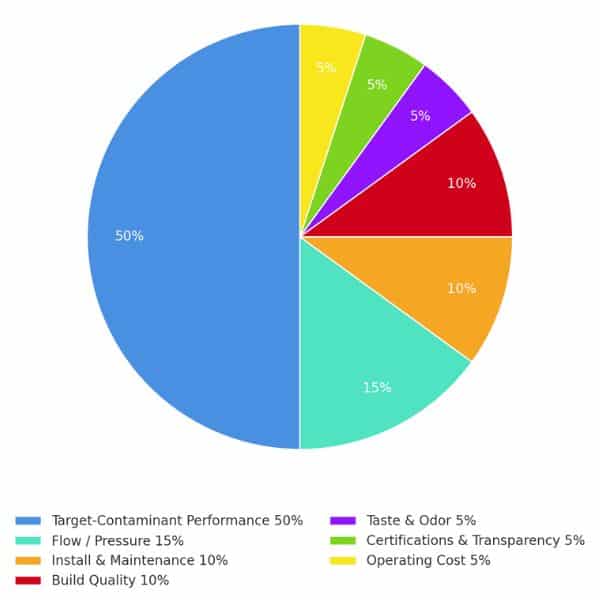 Pie chart showing well water scoring weights: Target-Contaminant 50%, Flow 15%, Build 10%, Maintenance 10%, Taste & Odor 5%, Certifications & Transparency 5%, Operating Cost 5%.