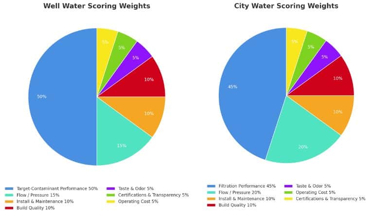 Pie charts showing scoring weights for city water (Filtration 45%, Flow 20%, Build 10%, Maintenance 10%, others 5%) and well water (Target-Contaminant 50%, Flow 15%, Build 10%, Maintenance 10%, others 5%).