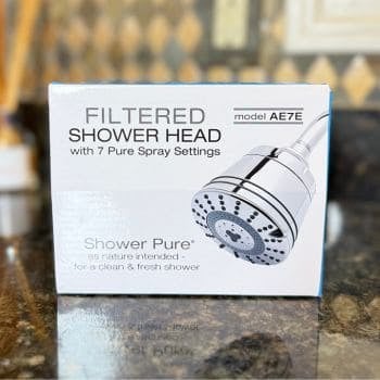 Sprite Shower Filter AE7E packaging box showing filtered shower head with 7 spray settings