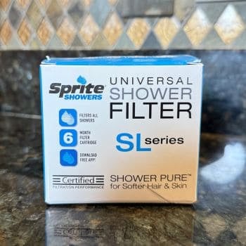 Sprite SL Series Universal Shower Filter retail packaging box with 6-month cartridge life highlighted on front.