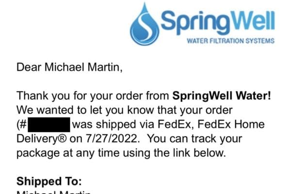 SpringWell CF1 order confirmation from July 2022, verifying our 3-year whole house water filter testing timeline.