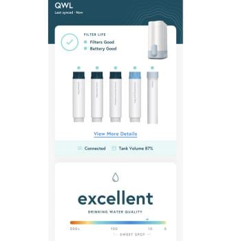 Cloud RO app dashboard showing filter status, battery good, tank volume 87% and excellent drinking water quality rating