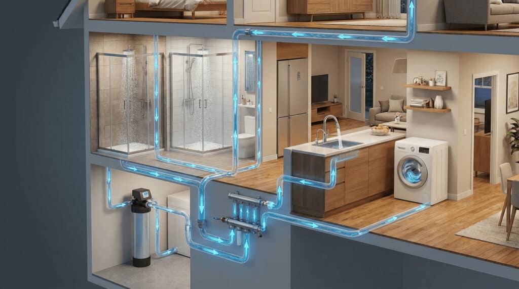 Cutaway home diagram showing a whole house water filter supplying two showers, a kitchen sink, and a washing machine at the same time