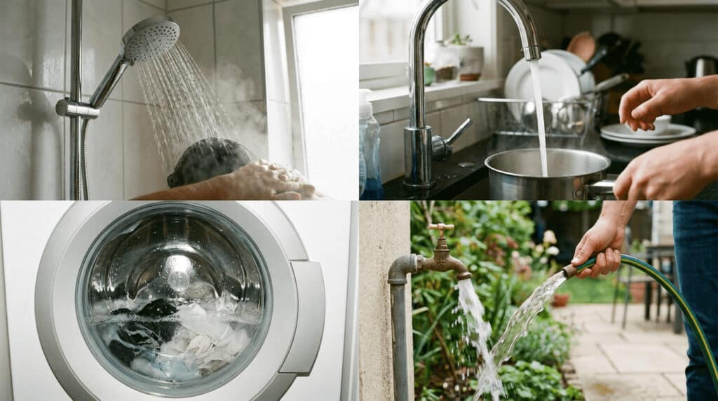 Shower, kitchen faucet, washing machine, and outdoor hose bib running at the same time to show overlapping household water demand