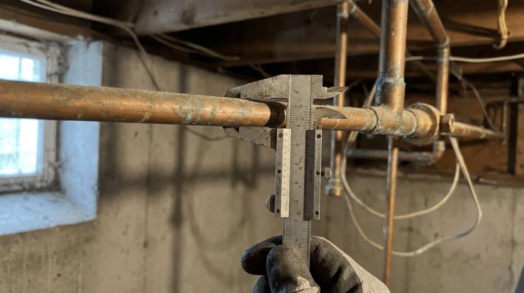 Caliper measuring a copper main water pipe in a basement before sizing a whole house water filter