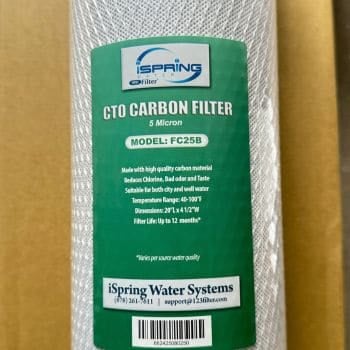 Close up look at the iSpring FC25B 5-micron CTO carbon filter cartridge for the WGB32B whole house water filter system